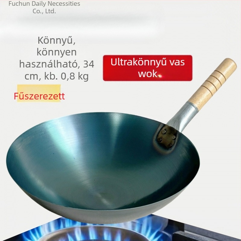 Bevonat nélküli kovácsoltvas wok kereskedelmi használatra, könnyű és vékony, rizs pirításához.