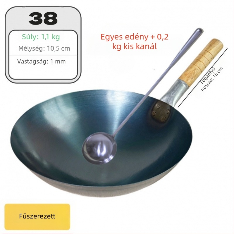 Bevonat nélküli kovácsoltvas wok kereskedelmi használatra, könnyű és vékony, rizs pirításához.