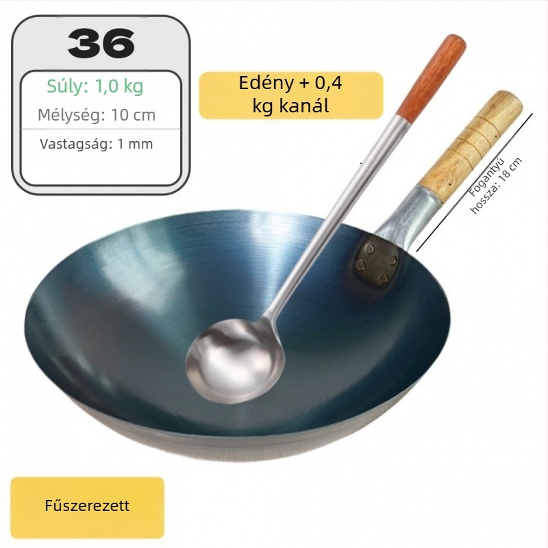 Bevonat nélküli kovácsoltvas wok kereskedelmi használatra, könnyű és vékony, rizs pirításához.