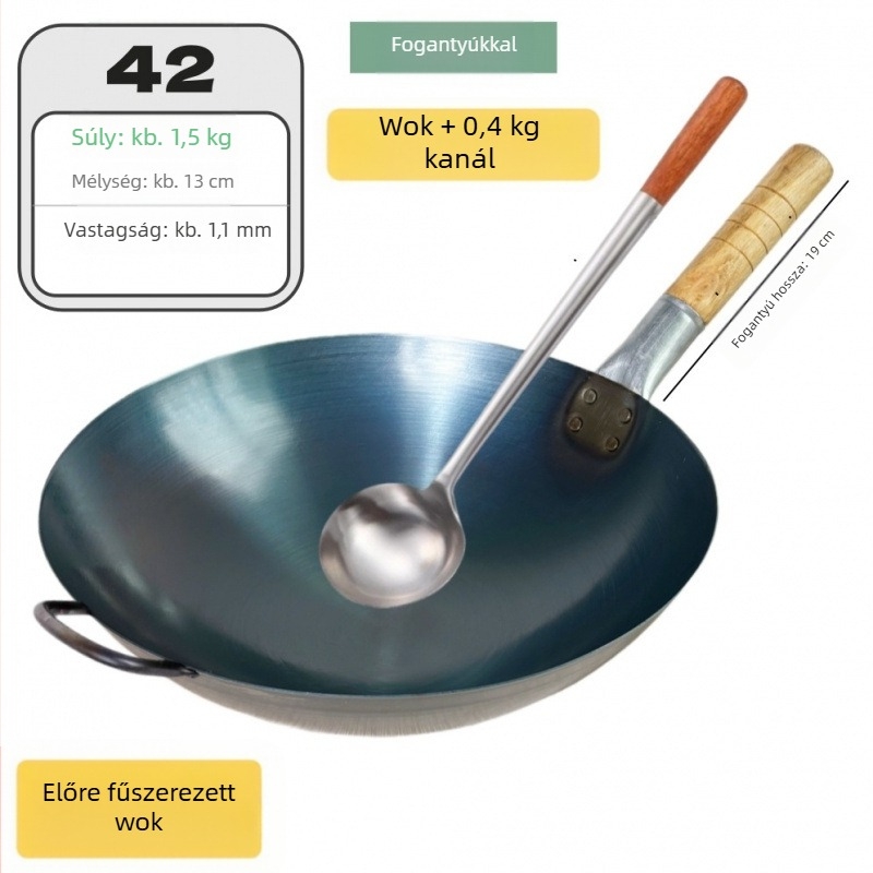 Bevonat nélküli kovácsoltvas wok kereskedelmi használatra, könnyű és vékony, rizs pirításához.