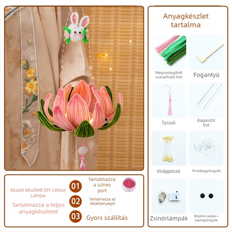 DIY papír lámpa készlet kínai stílusú, világító lótuszlámpával és csavart bottal