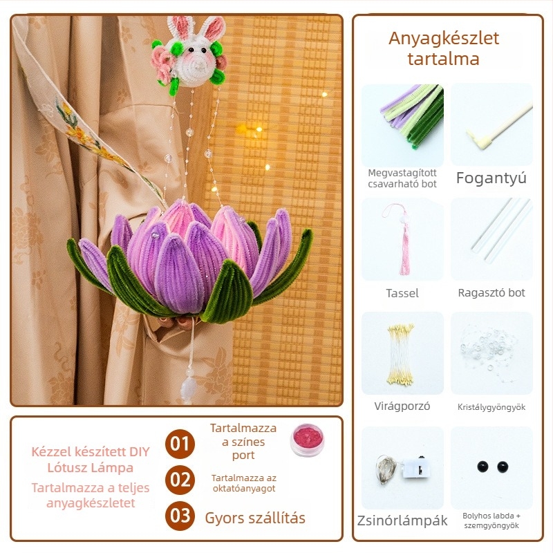 DIY papír lámpa készlet kínai stílusú, világító lótuszlámpával és csavart bottal