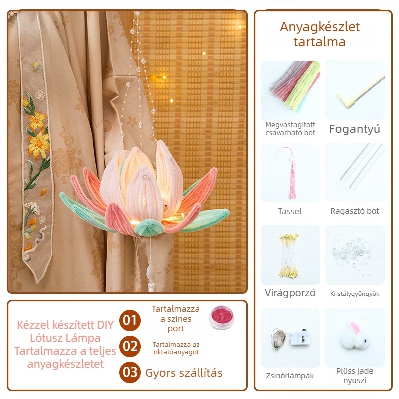 DIY papír lámpa készlet kínai stílusú, világító lótuszlámpával és csavart bottal