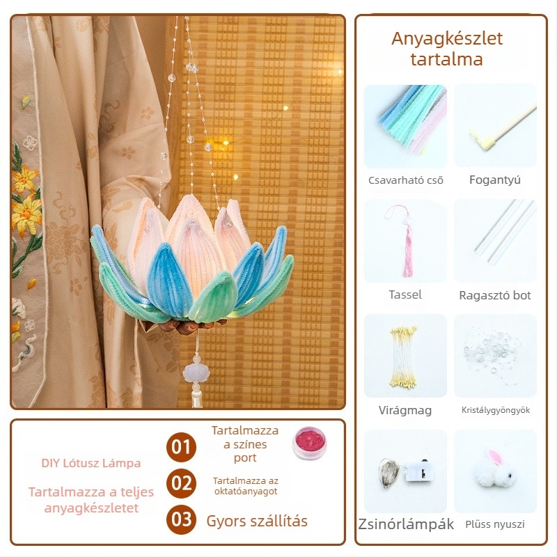 DIY papír lámpa készlet kínai stílusú, világító lótuszlámpával és csavart bottal