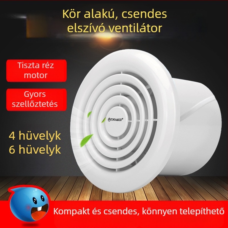 Fürdőszobai szellőztető ventilátor, kör alakú, fal- és mennyezetre szerelhető, erős és csendes, 4 hüvelyk átmérőjű