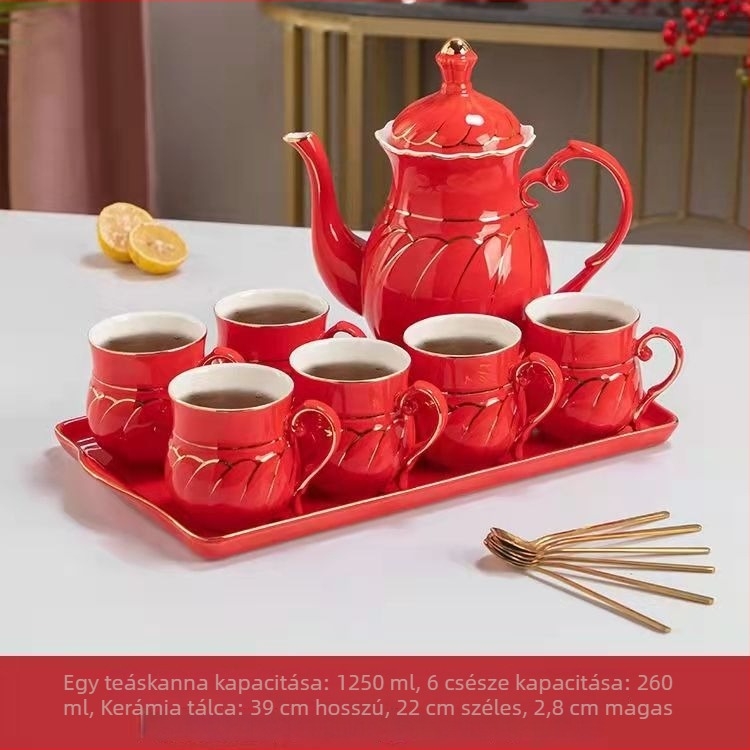 Sárga mázas kerámia teás- és ivókészlet aranyozott díszítéssel, hordozható, 7 darabos ajándékcsomag