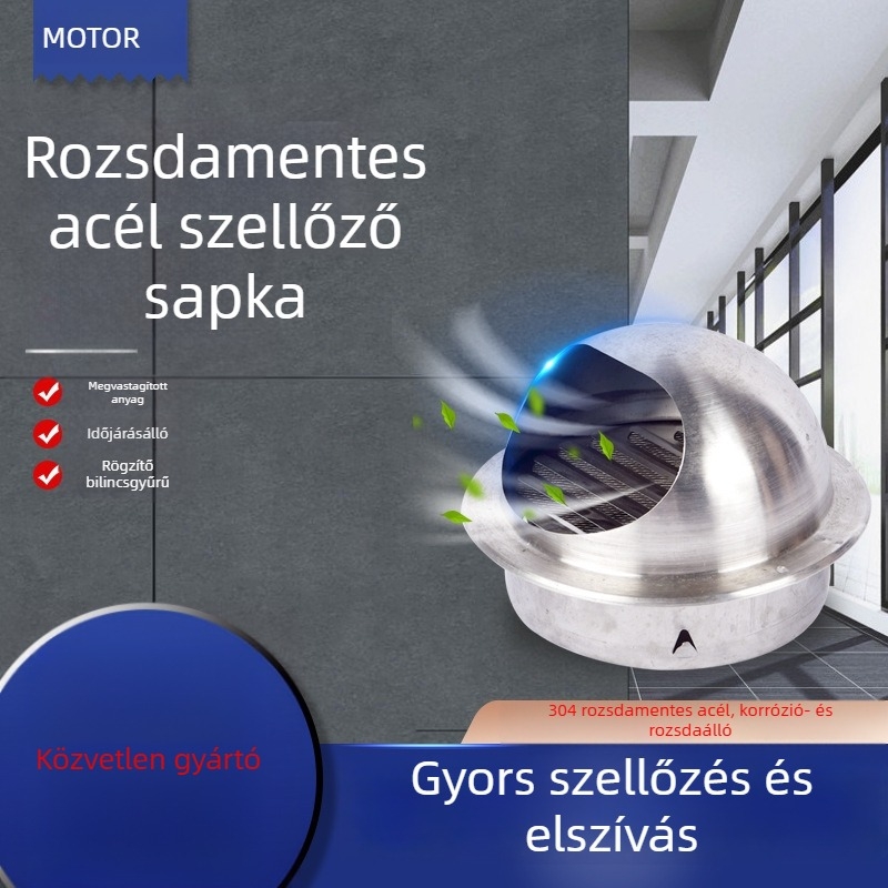 304 rozsdamentes acélból készült forgó levegősapka visszacsapó szeleppel a külső falon lévő elszívó kivezetéséhez