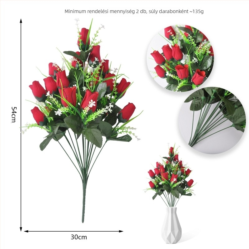 54 cm-es művirág rózsacsokor vörös selyemrózsákkal, emlék dekorációhoz