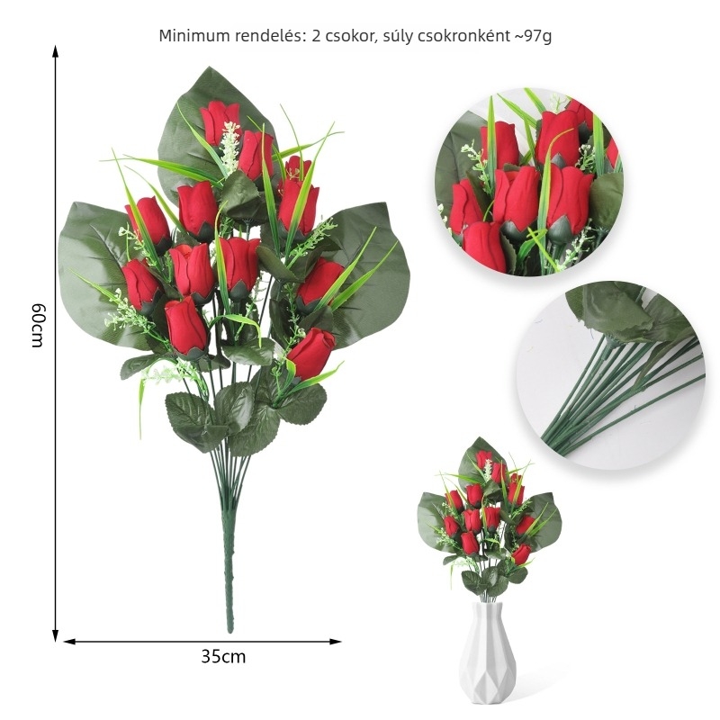 54 cm-es művirág rózsacsokor vörös selyemrózsákkal, emlék dekorációhoz