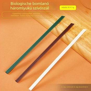 Biodegradable PLA egyszer használatos kávékeverő pálca háromlyukú csővel, egyenként csomagolva, élelmiszer-minőségű szívószál