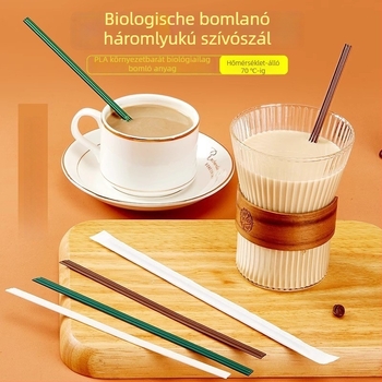 Biodegradable PLA egyszer használatos kávékeverő pálca háromlyukú csővel, egyenként csomagolva, élelmiszer-minőségű szívószál