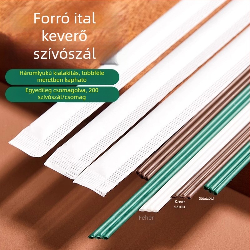 Biodegradable PLA egyszer használatos kávékeverő pálca háromlyukú csővel, egyenként csomagolva, élelmiszer-minőségű szívószál