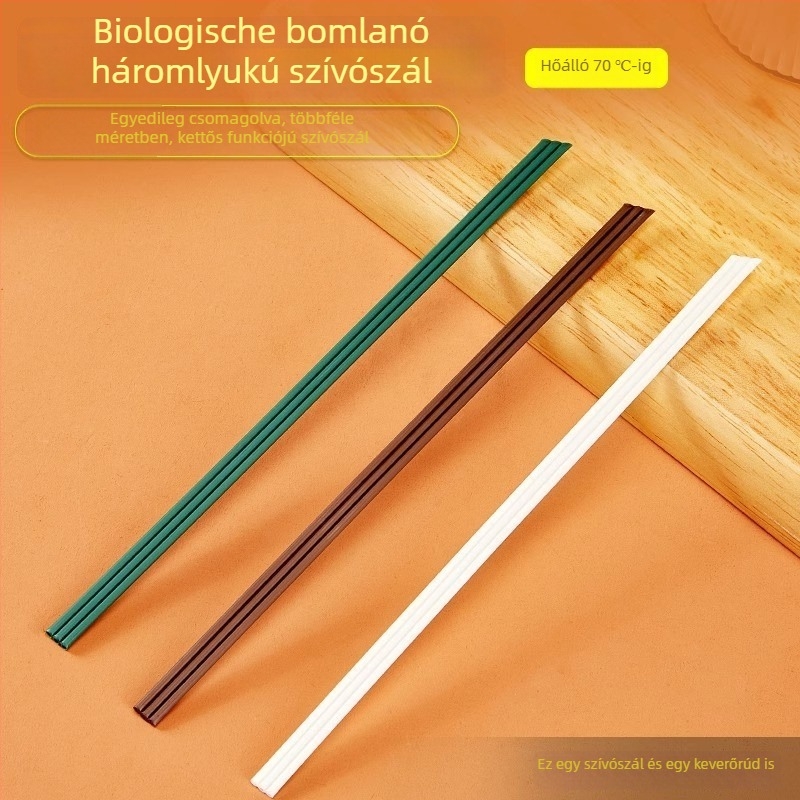 Biodegradable PLA egyszer használatos kávékeverő pálca háromlyukú csővel, egyenként csomagolva, élelmiszer-minőségű szívószál