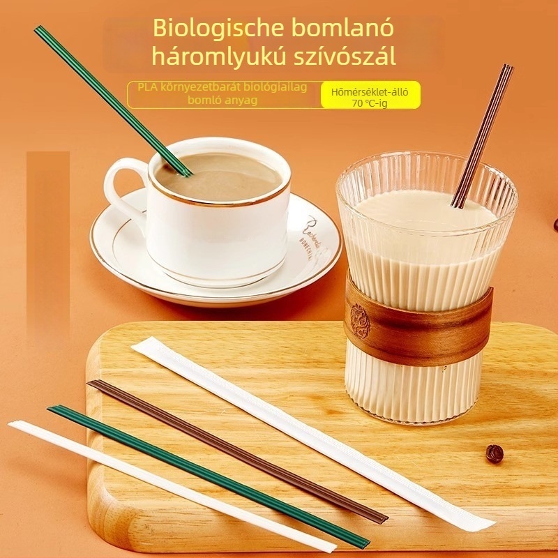 Biodegradable PLA egyszer használatos kávékeverő pálca háromlyukú csővel, egyenként csomagolva, élelmiszer-minőségű szívószál