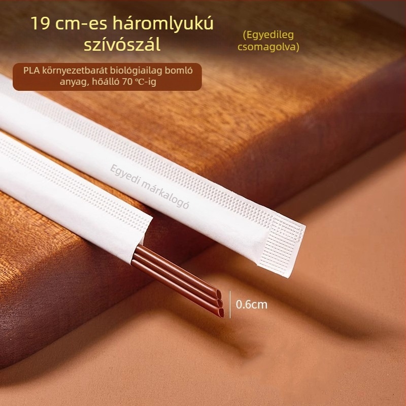 Biodegradable PLA egyszer használatos kávékeverő pálca háromlyukú csővel, egyenként csomagolva, élelmiszer-minőségű szívószál