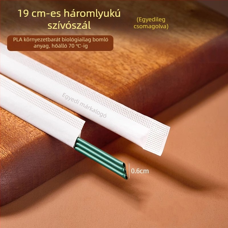 Biodegradable PLA egyszer használatos kávékeverő pálca háromlyukú csővel, egyenként csomagolva, élelmiszer-minőségű szívószál