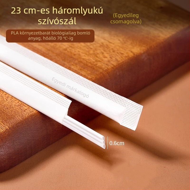 Biodegradable PLA egyszer használatos kávékeverő pálca háromlyukú csővel, egyenként csomagolva, élelmiszer-minőségű szívószál