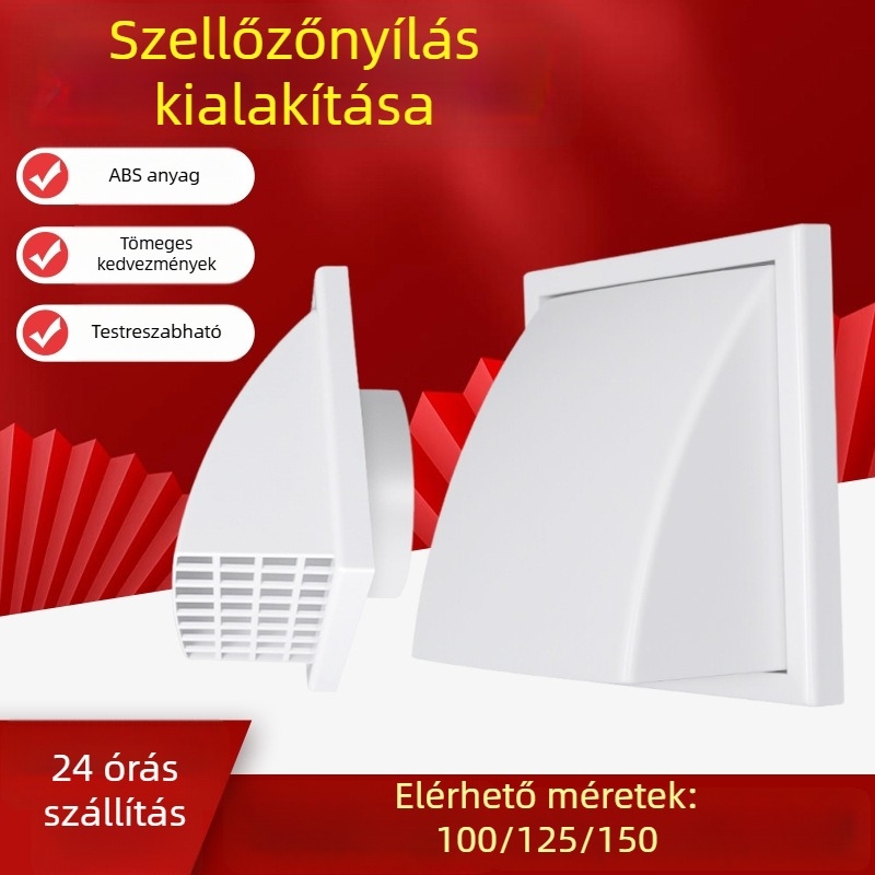 ABS friss levegő ventillációs rendszer – külső falra szerelt, négyszögletes kivezetés, szellőző sapka, téglalap alakú cső stílus
