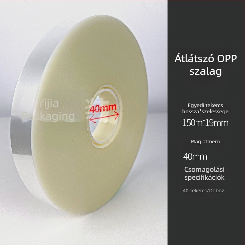 Átlátszó OPP csomagoló szalaggép nagy tekercses rendszerrel, műanyag fóliához, 0,12 mm vastagság, 20 kg szakítóerő