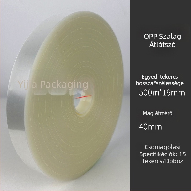 Átlátszó OPP csomagoló szalaggép nagy tekercses rendszerrel, műanyag fóliához, 0,12 mm vastagság, 20 kg szakítóerő