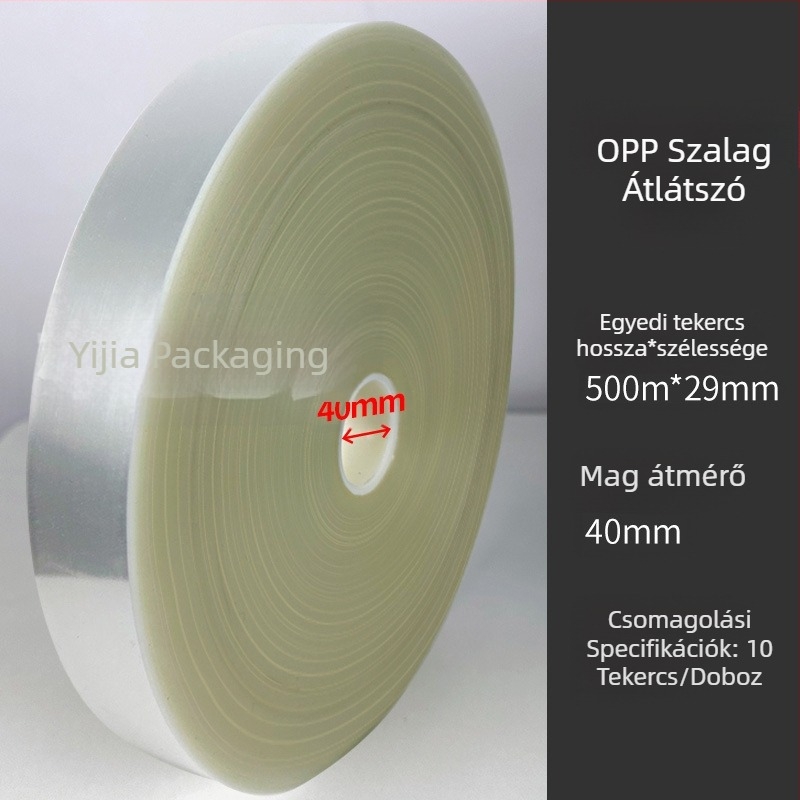Átlátszó OPP csomagoló szalaggép nagy tekercses rendszerrel, műanyag fóliához, 0,12 mm vastagság, 20 kg szakítóerő
