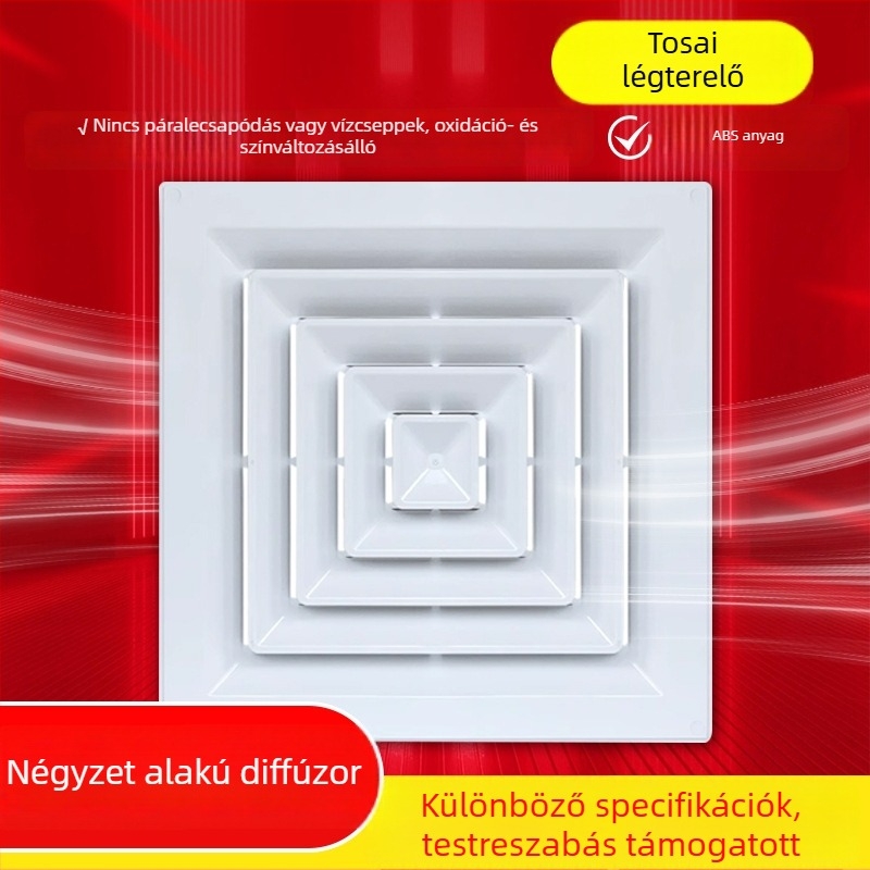 Négyzet alakú diffúzor központi klímaberendezéshez, ABS és alumíniumötvözet, mennyezeti légáram