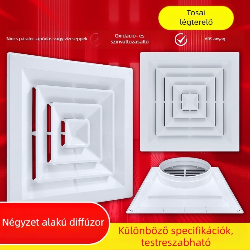 Négyzet alakú diffúzor központi klímaberendezéshez, ABS és alumíniumötvözet, mennyezeti légáram
