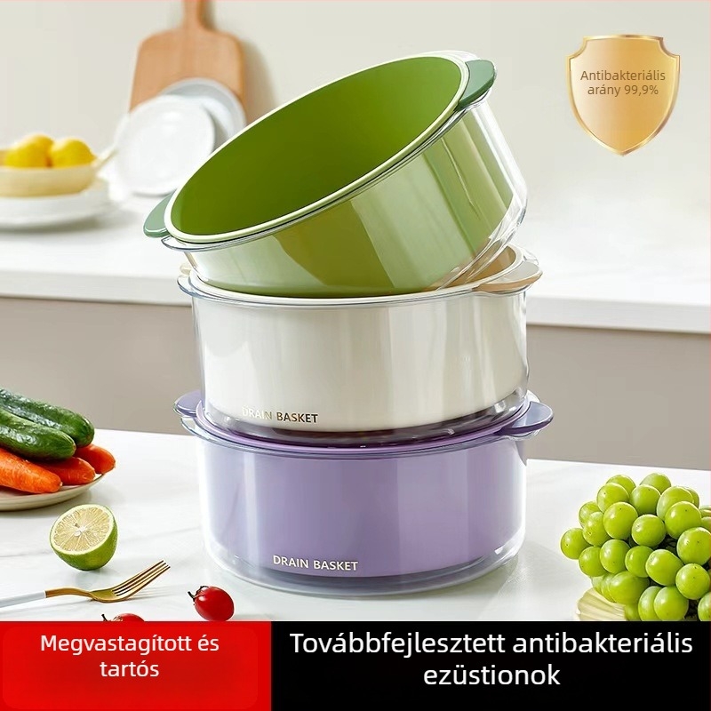 Antibakteriális kétszintű leeresztő kosár zöldségekhez és gyümölcsökhöz, vastított konyhai mosóedény
