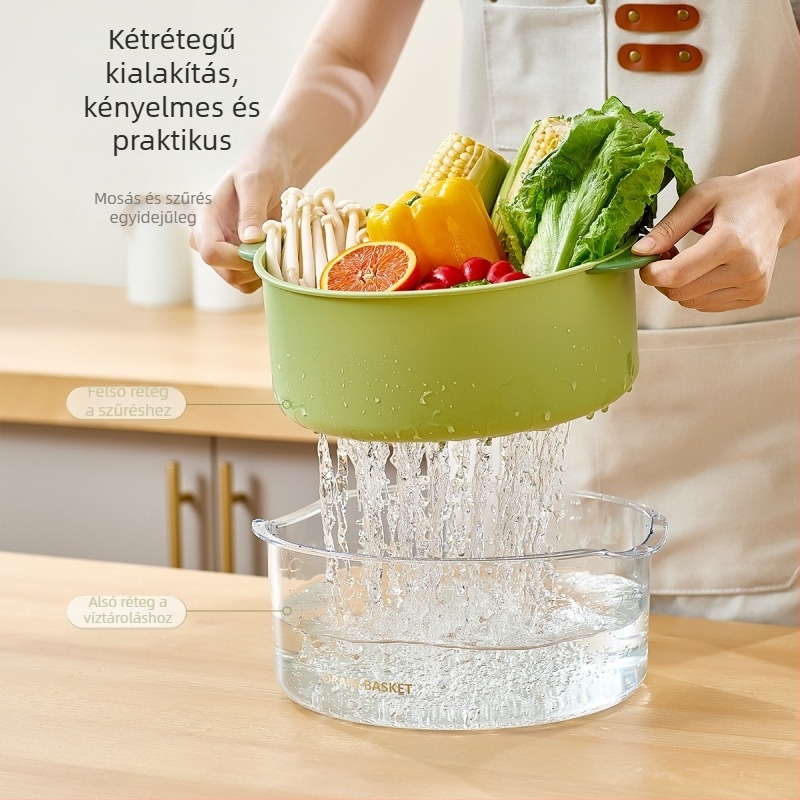 Antibakteriális kétszintű leeresztő kosár zöldségekhez és gyümölcsökhöz, vastított konyhai mosóedény
