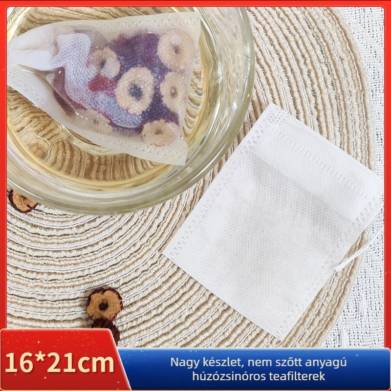16×21 cm-es egyszer használatos teafilter zacskó, nem szőtt anyagból, húzózsinórral, élelmiszer-minőségű szűrőzacskók, kis buborékos tasakok