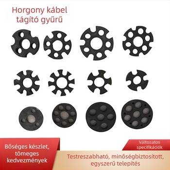 Műanyag szerelő készlet horgonykábeles függesztéshez: központosító tartó, bővítőgyűrű, acél huzal tartó, hatszögletű virág alakú műanyag alátét