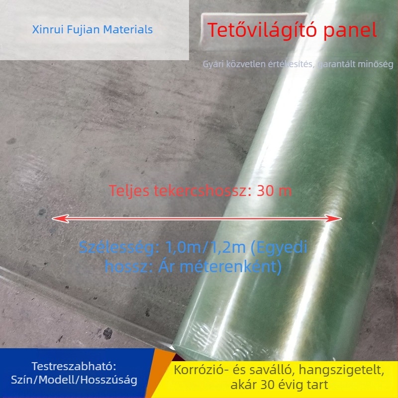 FRP átlátszó tetőpanel világításhoz, 1 m szélességű, üvegszálas síkpanel