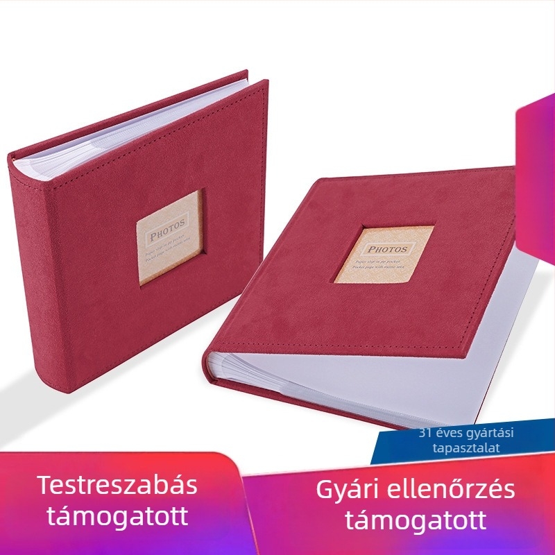 Két részes fotóalbum ívelt gerinccel, PU borító, ablakos oldalak, varrott kötés, piros, személyre szabható emlékalbum