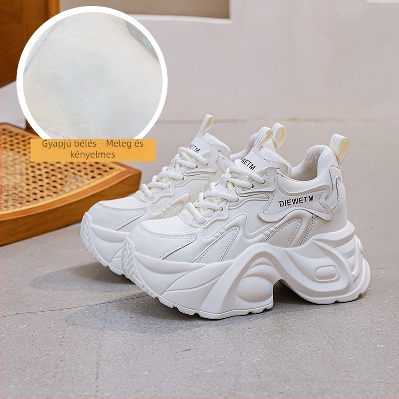 Női sportcipők dad shoes stílusban, 10 cm platform, 2026-os őszi modell, fehér, fűzőkkel és vastag talppal
