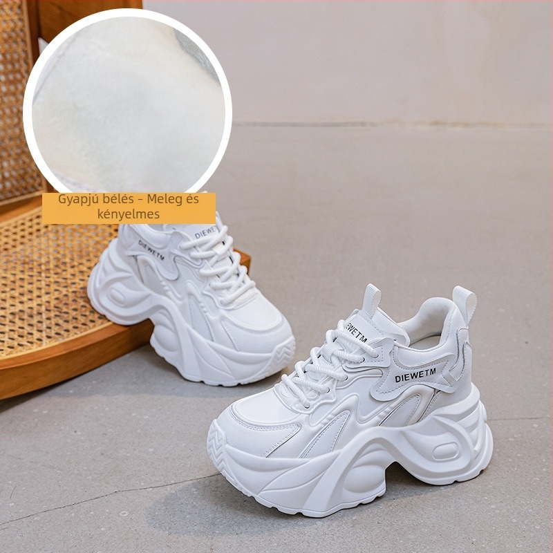 Női sportcipők dad shoes stílusban, 10 cm platform, 2026-os őszi modell, fehér, fűzőkkel és vastag talppal