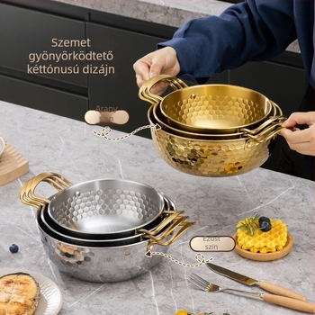 Rozsdamentes acél ramen edény, arany színű, kalapált textúrával, kis háztartási edény fedővel és két füllel