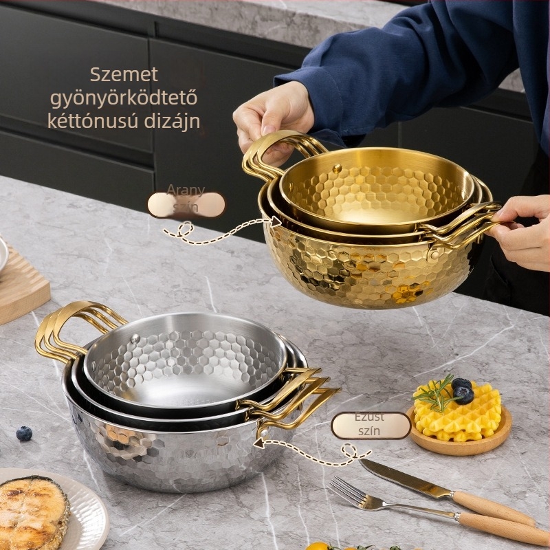 Rozsdamentes acél ramen edény, arany színű, kalapált textúrával, kis háztartási edény fedővel és két füllel