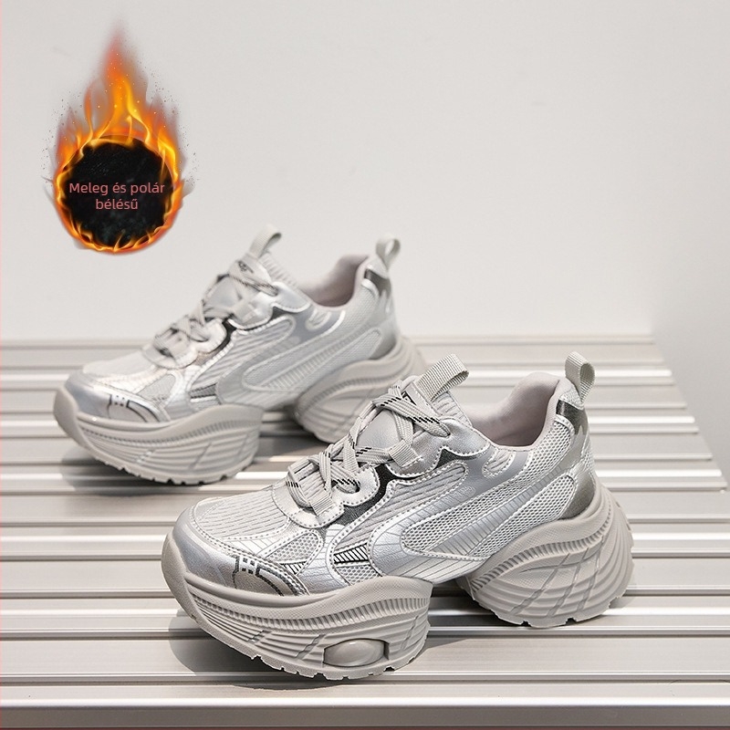 Női ezüst színű vastag talpú dad shoes – 2024-es modell, könnyű, mindennapi sportcipők