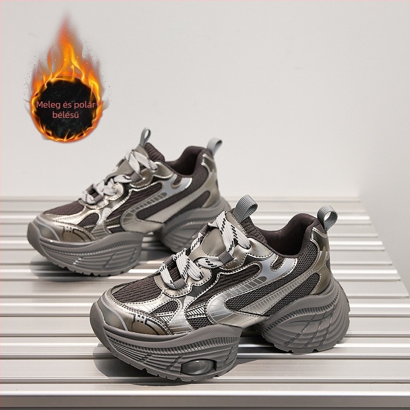 Női ezüst színű vastag talpú dad shoes – 2024-es modell, könnyű, mindennapi sportcipők