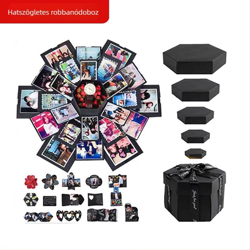 Öt szintes DIY robbanó doboz kézzel készített fotóalbummal – születésnapi ajándék pároknak