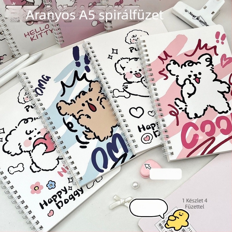 A5-ös spirálfüzet diákoknak, tartós vastag papírral, aranyos kutyás napló japán-koreai stílusban