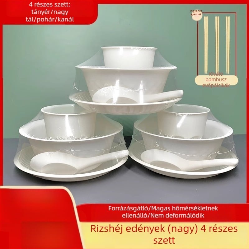 Rizshéjból készült egyszer használatos étkészlet — négy részes készlet, edények és evőeszközök, élelmiszer-minőségű, forró edényekhez, grillhez és kempingezéshez