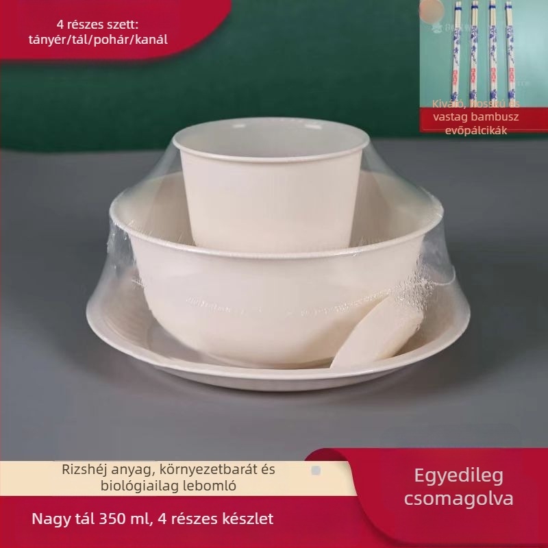 Rizshéjból készült egyszer használatos étkészlet — négy részes készlet, edények és evőeszközök, élelmiszer-minőségű, forró edényekhez, grillhez és kempingezéshez