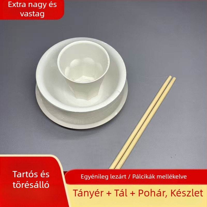 Rizshéjból készült egyszer használatos étkészlet — négy részes készlet, edények és evőeszközök, élelmiszer-minőségű, forró edényekhez, grillhez és kempingezéshez
