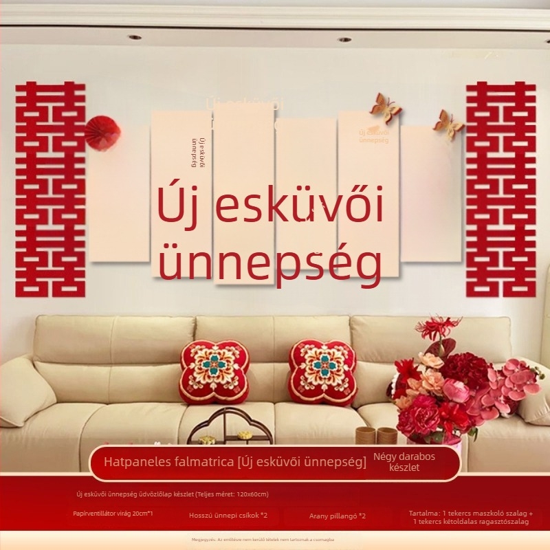 Nappali hátteret és esküvői dekorációs készlet – kanapé mögötti fal és hálószobai díszítés Dupla Boldogság szimbólummal