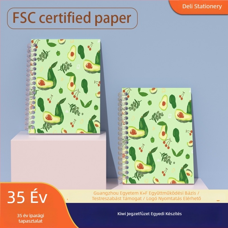 Kiwi borítós spirálfüzet egyedi logóval, kreatív és aranyos, A5, 100 oldal, 80 g/m² papír