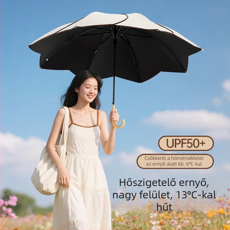 Fából készült görbe fogantyújú esernyő virágszirmokkal, vinil borítással, UPF50+ UV-védelem, esőre és napsütésre, reklám ajándék