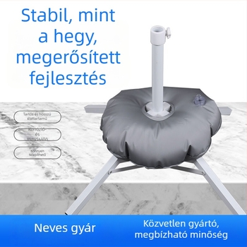 Nagy kültéri napernyő vízzel tölthető talppal és reklámtalppal, műanyag összecsukható talp