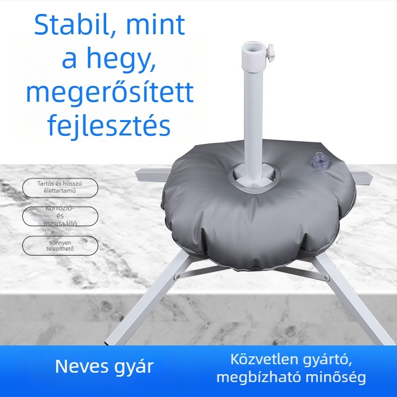 Nagy kültéri napernyő vízzel tölthető talppal és reklámtalppal, műanyag összecsukható talp