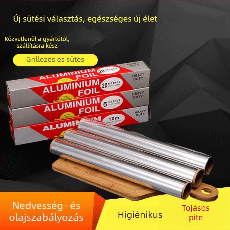 Egyszer használatos, magas hőmérsékleten ellenálló alumínium fóliatekercs sütőhöz, vastagabb fólia grillhez és sütéshez, 30 cm × 5 m, 10–25 µm vastagság.